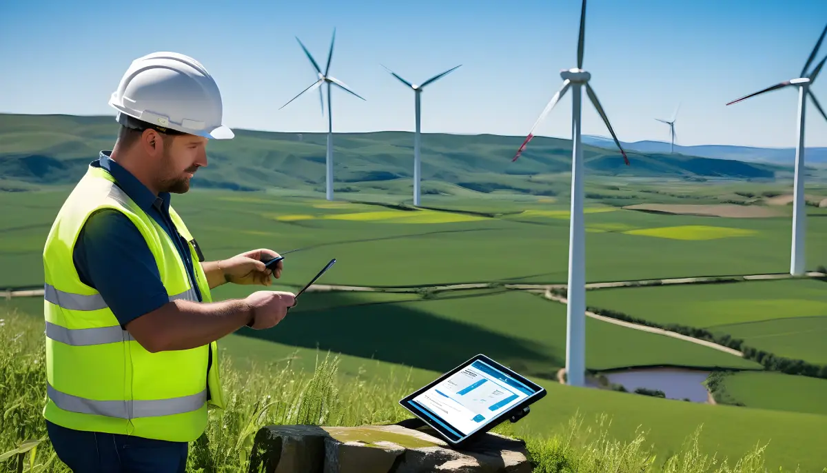 Editorial scene: Field worker using a rugged tablet outdoors near wind turbines; not a product test